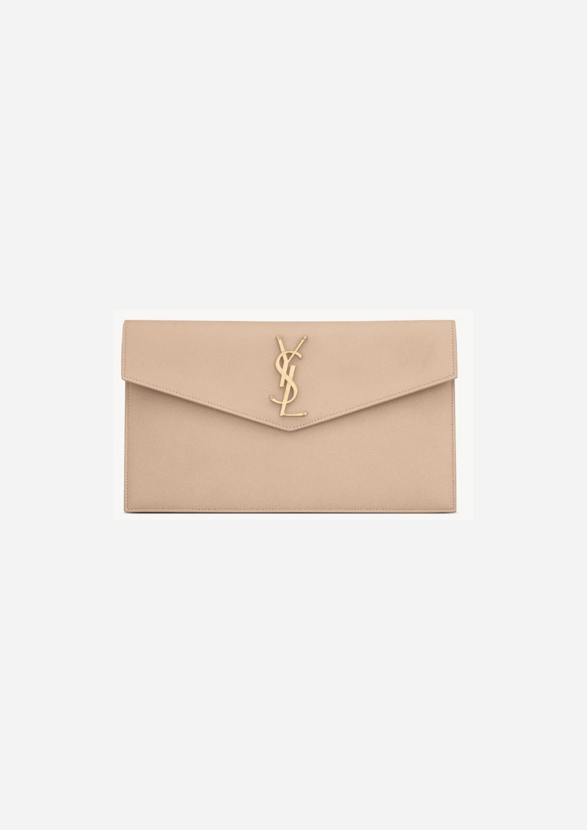 Saint Laurent Pochette Uptown Beige Scuro in Pelle Grain de Poudre, vista frontale