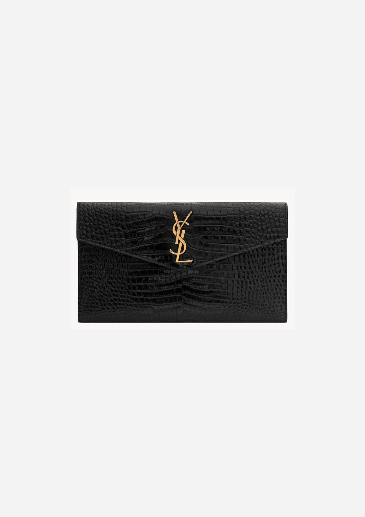 Saint Laurent Pochette Uptown Nera in Pelle Lucida Effetto Coccodrillo, vista frontale